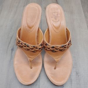 Frye Sandals Womens High Heel T Strap Open Toe Platform Wood Brown